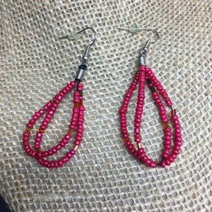 Dangle Pierced Earrings Hot Pink Seed Bead Teardrop Silver Barbie Retro BoHo
